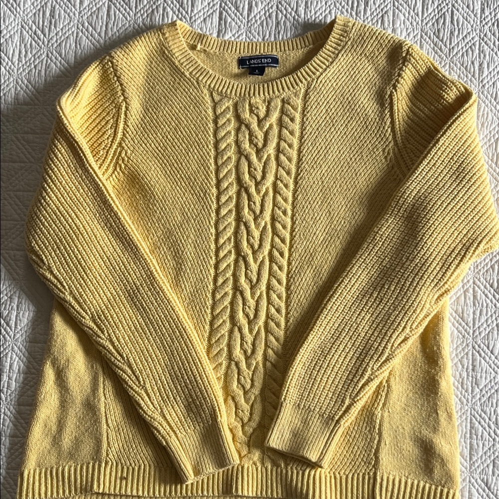 Lands' End Butter Yellow Cable Crewneck Sweater